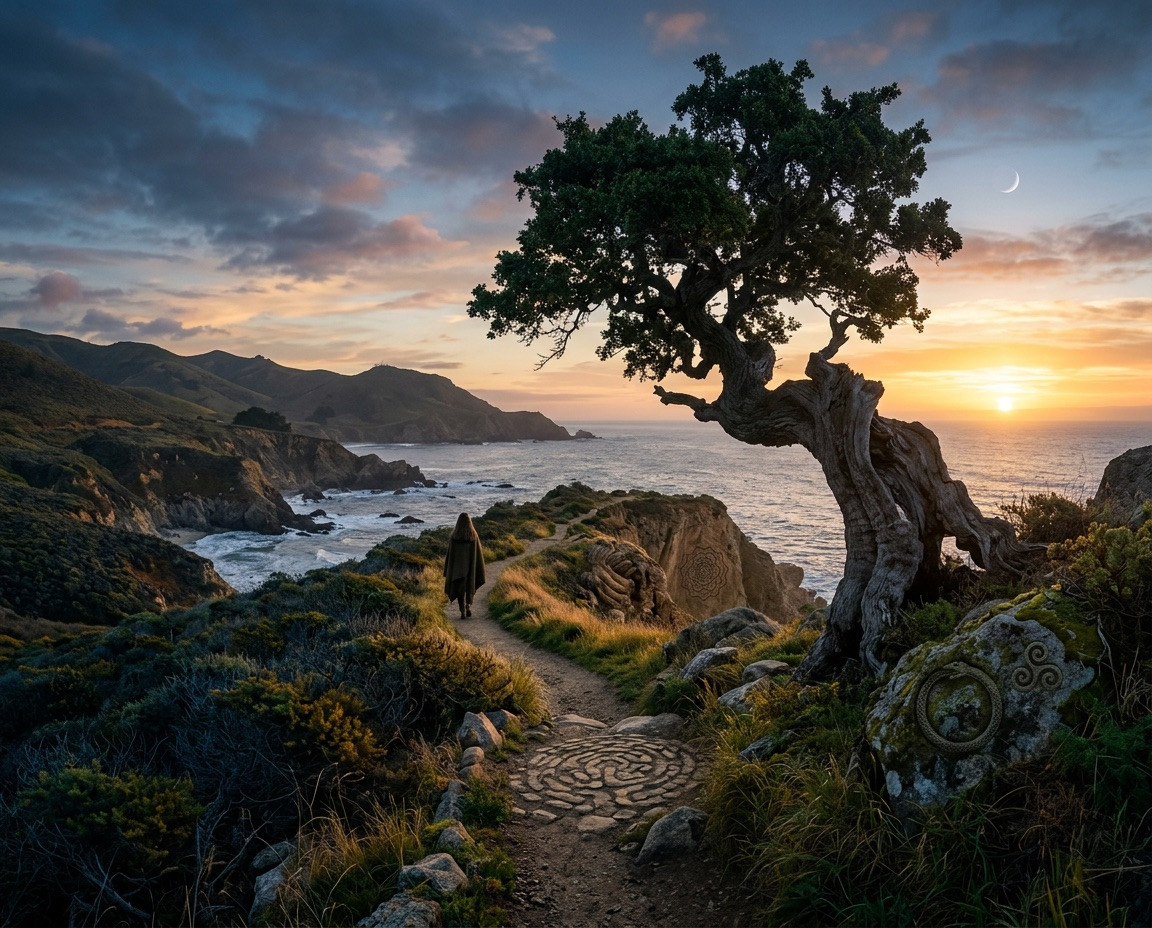Dreamlike California coastal landscape at sunrise, ancient tree, winding path, moon a 470621