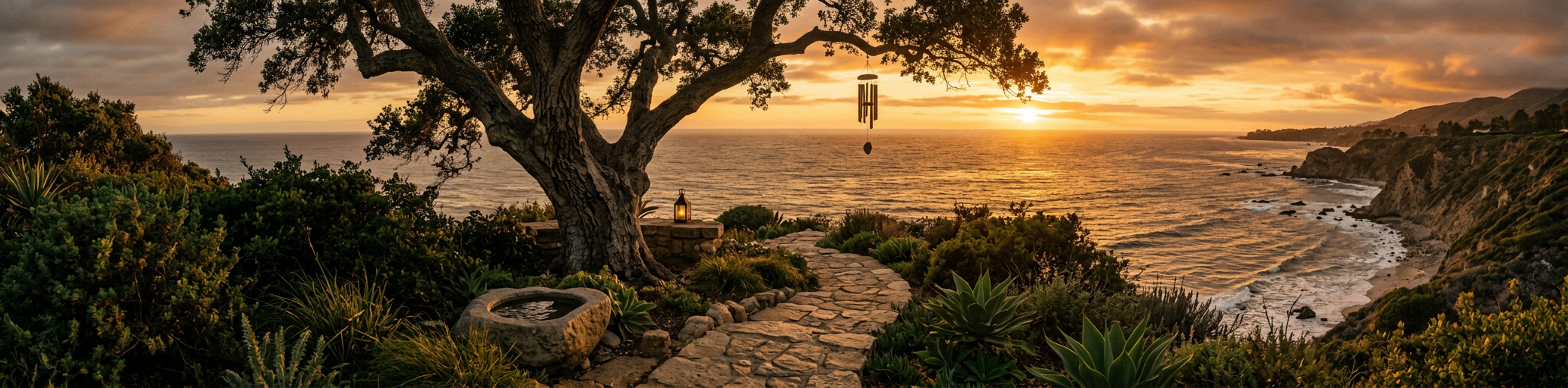 Firefly_Gemini Flash_Dramatic Montecito California coastline at golden hour, ancient oak tree overlooking 106152