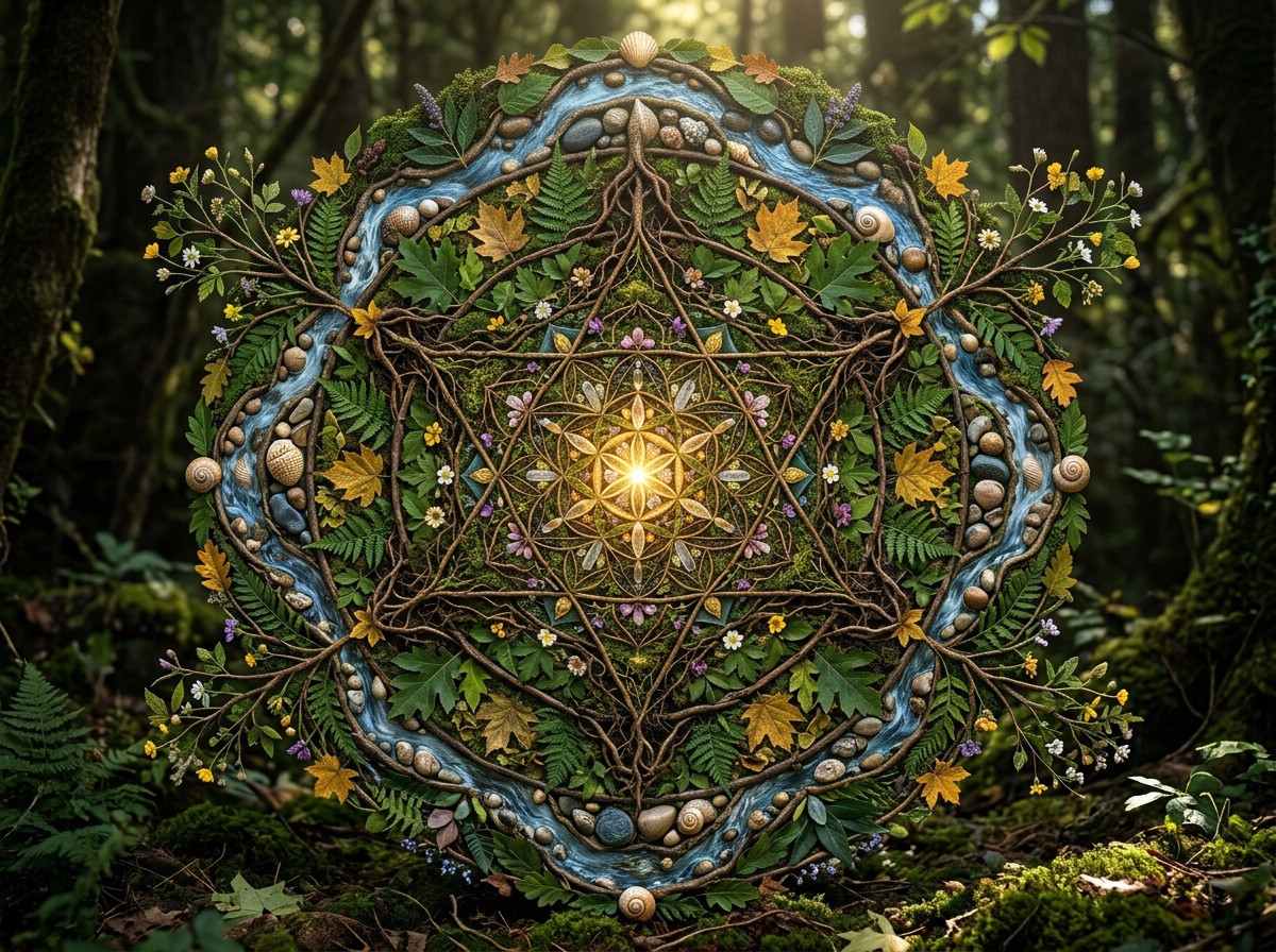 Intricate mandala composed entirely of leaves, roots, flowers, branches, rivers, ston 106152