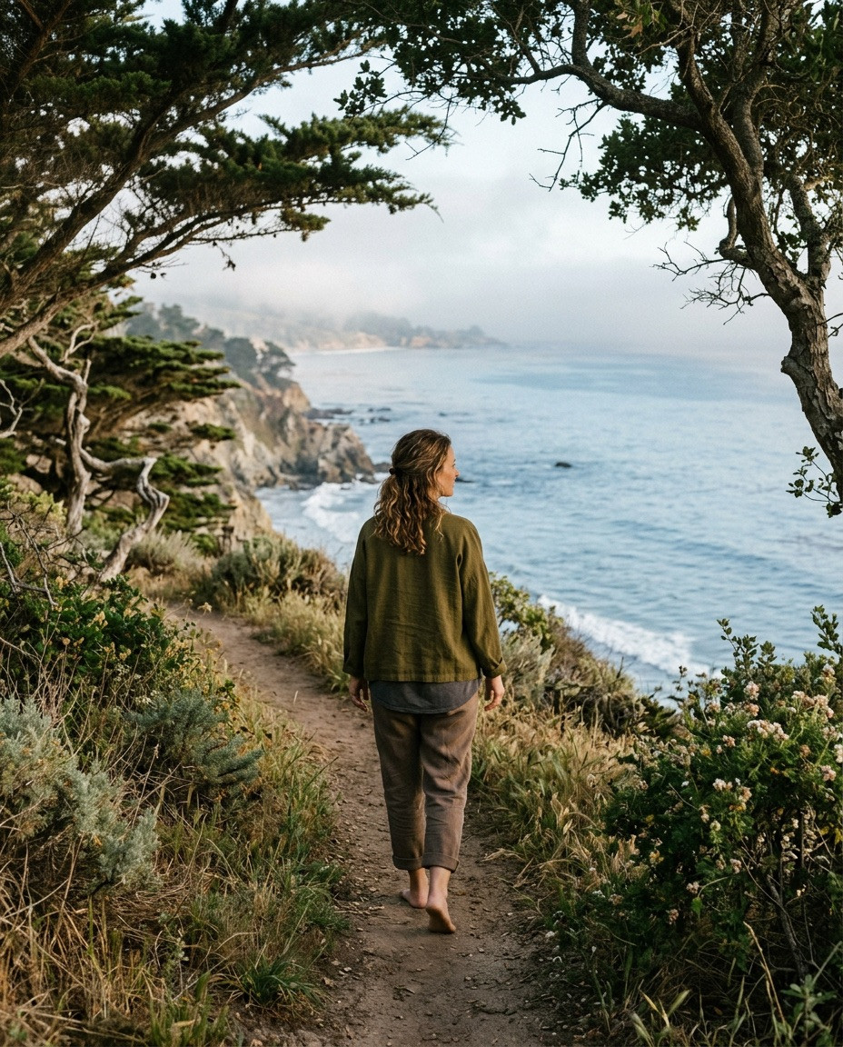 Solitary figure walking barefoot along a coast